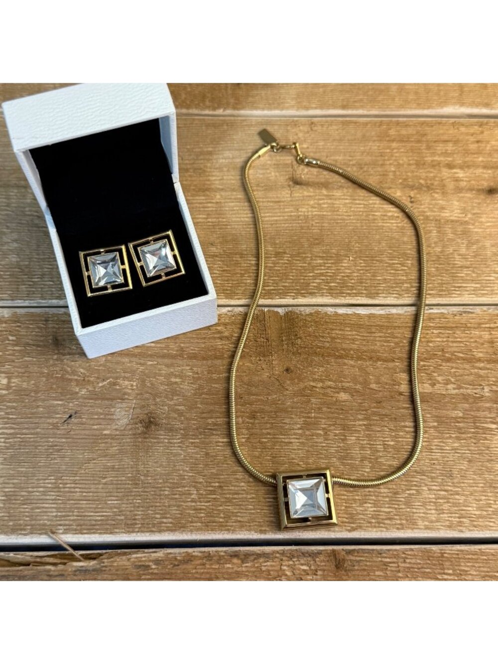 Vintage Avon Square-Cut Lead Crystal Necklace & Clip On Earring Set